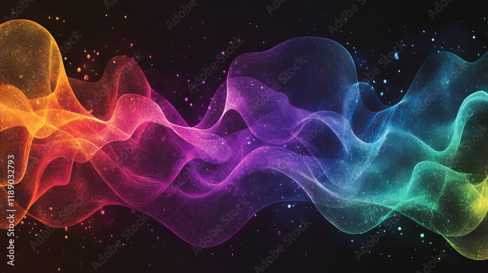 Obraz premium Colorful abstract waves and particles on a dark background, ideal for media and broadcasting designs