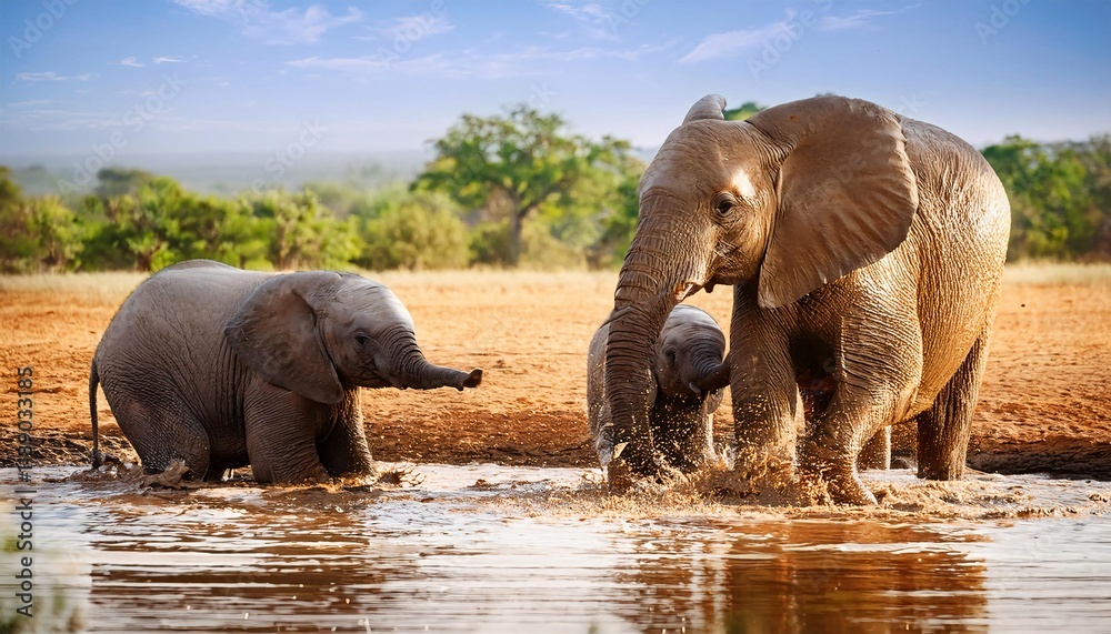 Fototapeta premium African Elephant Family Bathing Wildlife Safari Nature Scene