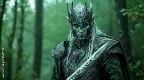 Dark Elf Warrior in Forest: A brooding, pale-skinned elf with long silver hair and imposing antlers, clad in dark armor and wielding a wickedly sharp sword, stands in a mysterious, shadowy forest. photo