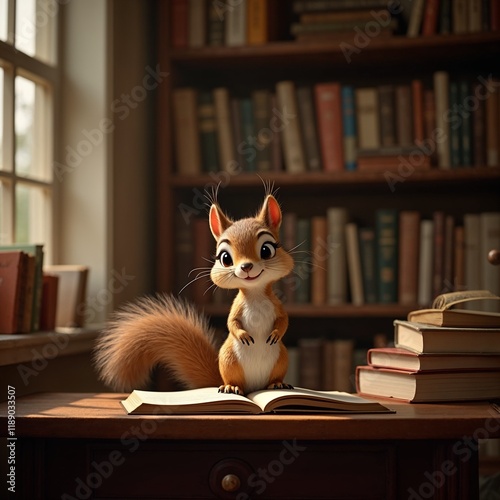 Playful squirrel climbing bookshelf in vintage library setting