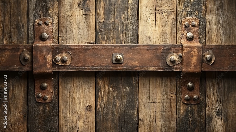 Rustic Wooden Panel with Metal Band and Fasteners Rustic Wooden Panel with Metal Band and Fasteners