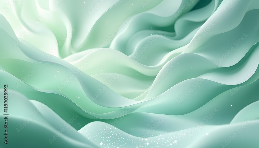 Obraz premium Delicate mint green waves flowing gently - suggesting tranquility and serenity - ideal for wellness, spa, or cosmetic branding and websites.
