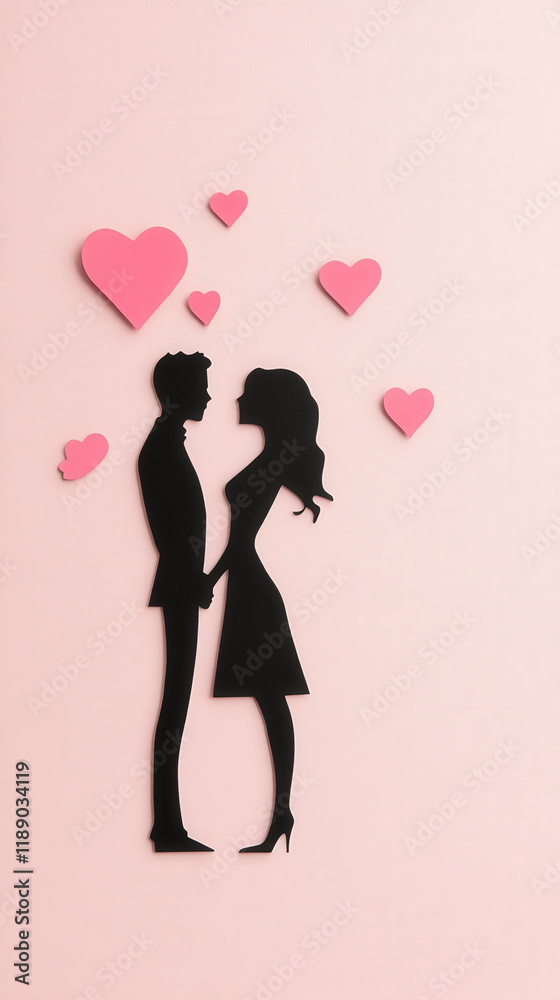 Silhouette of a couple holding hands surrounded by floating hearts against a pink backdrop Silhouette of a couple holding hands surrounded by floating hearts against a pink backdrop