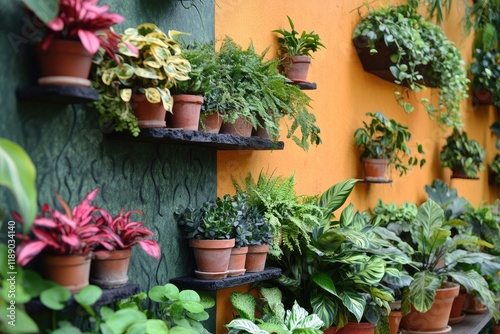 A stylish indoor garden with potted plants in various sizes and shapes, arranged on wooden tables against an emerald green wall, creates a fresh and inviting atmosphere for home decor photography