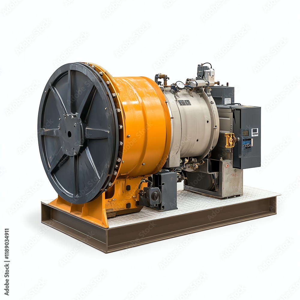 Industrial machine with a large orange drum on a white isolate background Industrial machine with a large orange drum on a white isolate background