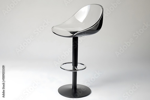 Contemporary high bar stool with a clear acrylic seat and sleek black base, on white