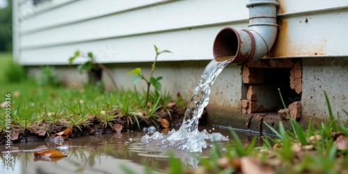 Water flowing from a downspout into a small puddle near the foundation of a house