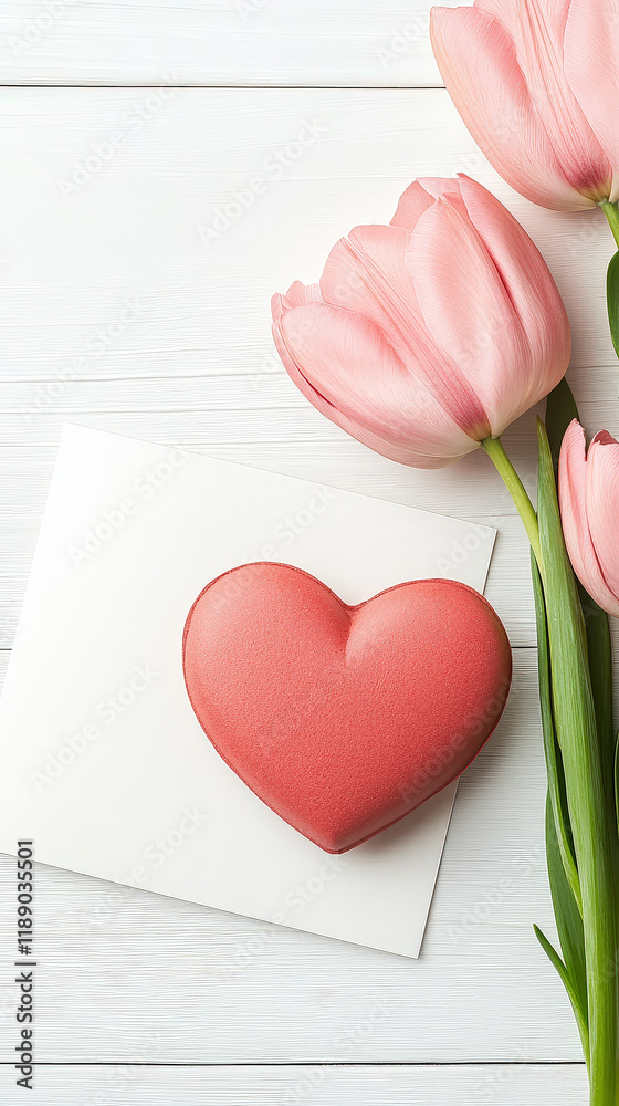 Fototapeta premium Handwritten note, cup of tea, and pink tulips on a wooden table under soft natural light