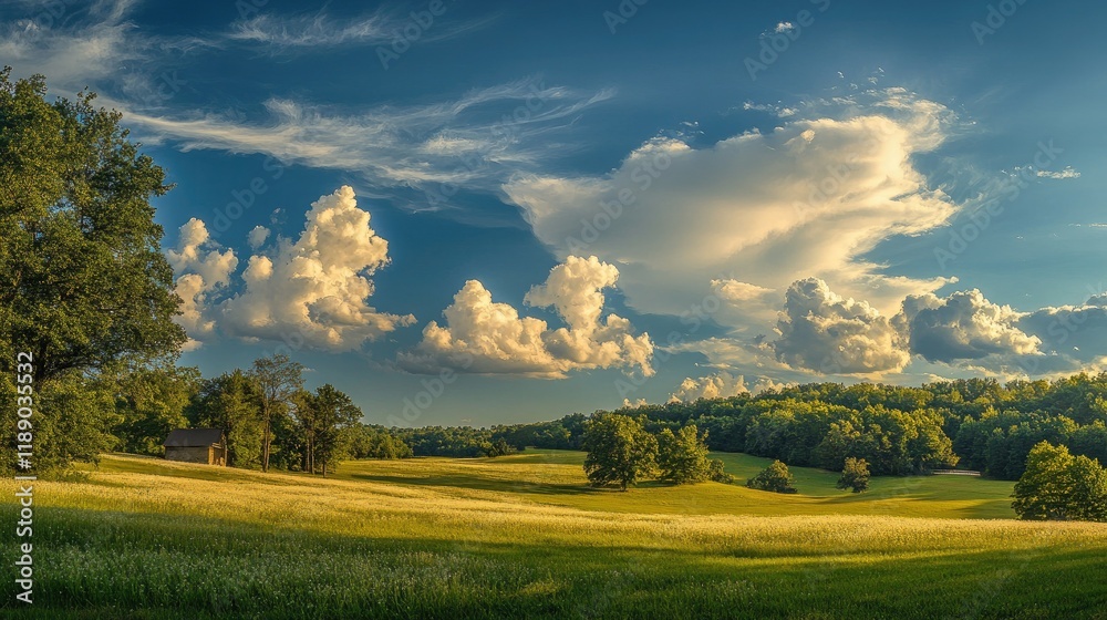 Naklejka premium Bright summer sky featuring soft, billowing white clouds in a picturesque setting.