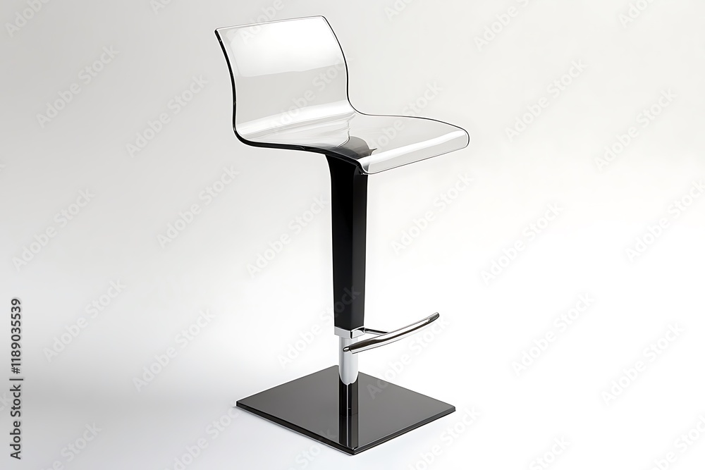 Contemporary high bar stool with a clear acrylic seat and sleek black base, on white Contemporary high bar stool with a clear acrylic seat and sleek black base, on white