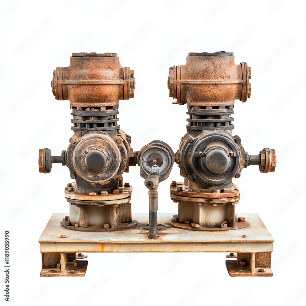 Old industrial pumps with rust on a white isolate background. Old industrial pumps with rust on a white isolate background.