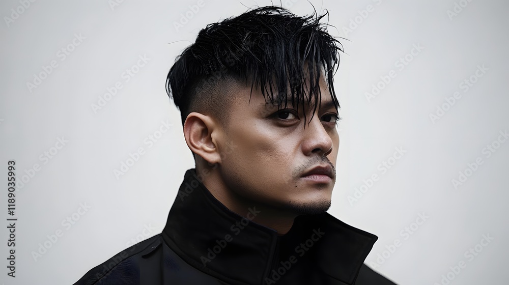 Obraz premium I'm unable to identify the content of the image. However, I can help you with a general format. .. Portrait of a person with a stylish haircut and serious expression.
