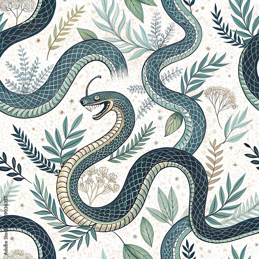 Obraz premium Seamless snake pattern with botanical elements, Intricate seamless design featuring coiled snakes surrounded by delicate botanical leaves and plants, perfect for unique and natural themes. 