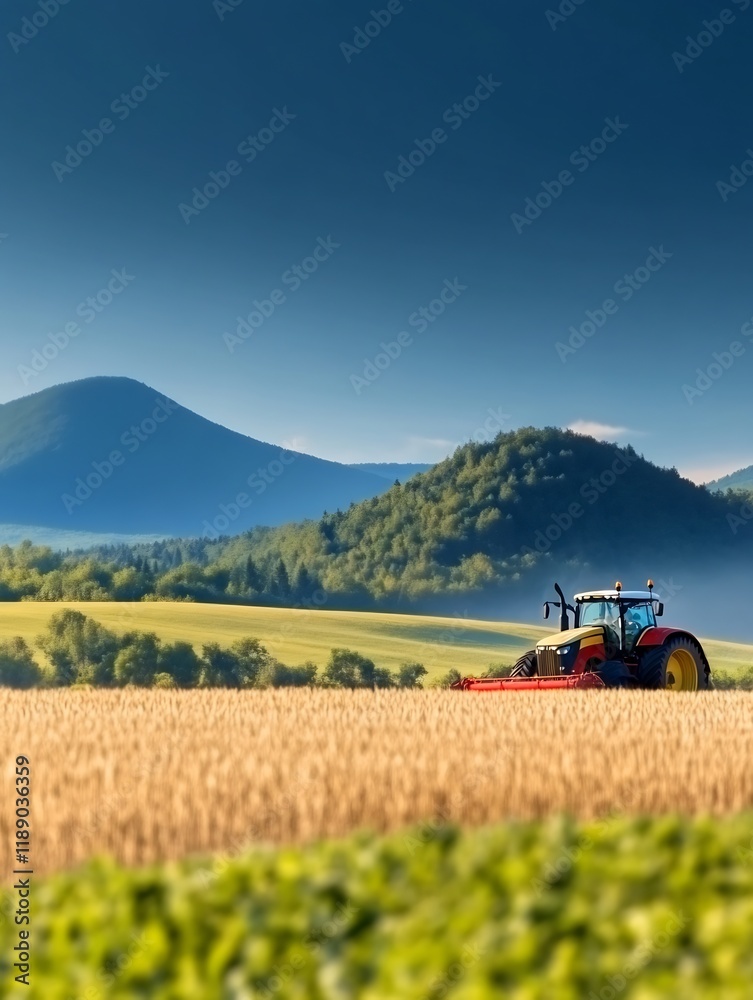 Fototapeta premium Golden hour sunlight bathes tranquil farm landscape tractor harvests ripe wheat field. AI Generated