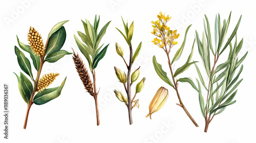 Hand drawn watercolor illustration of botanical foliage. osier ash oak acacia blackwood willow lancet eucalyptus laurel branch isolated against white background. Blazewood. Illustration
