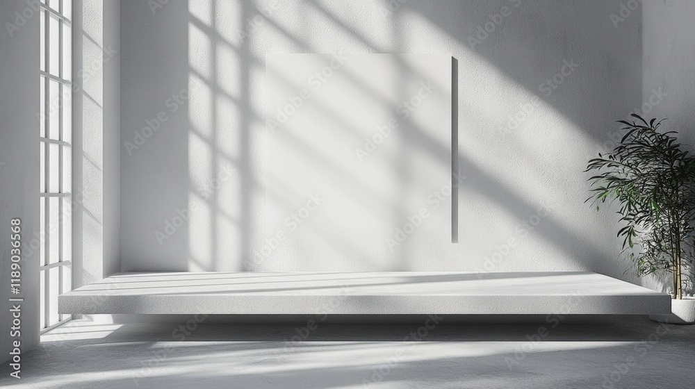 Fototapeta premium Sunlit Minimalist Interior with White Walls and Floating Platform