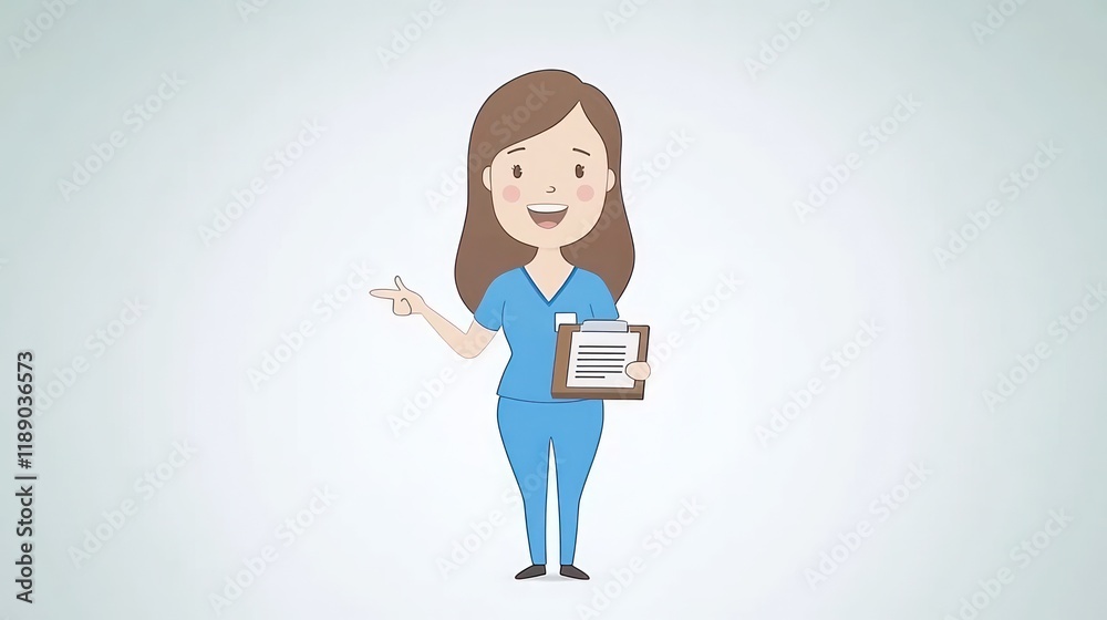 Smiling female nurse in scrubs holding a clipboard, pointing.