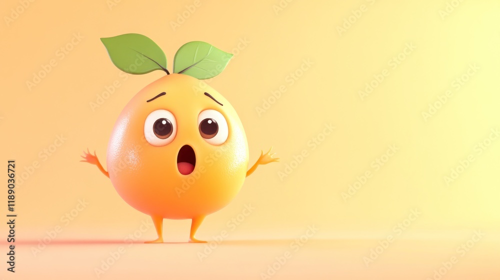 Surprised 3D cartoon lemon character with leaves. Surprised 3D cartoon lemon character with leaves.