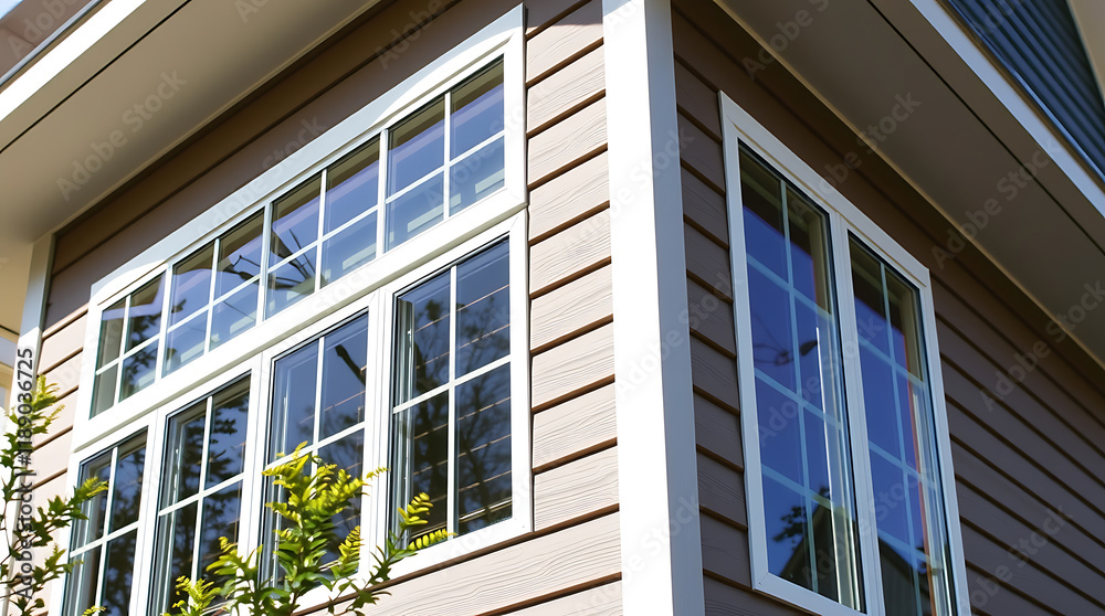 Fototapeta premium Modern House Exterior with Large Windows and Brown Siding - Stunning Home Design
