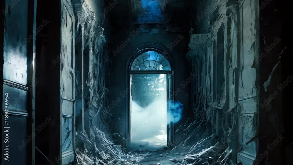 The abandoned haunted house's dark hallway filled with debris