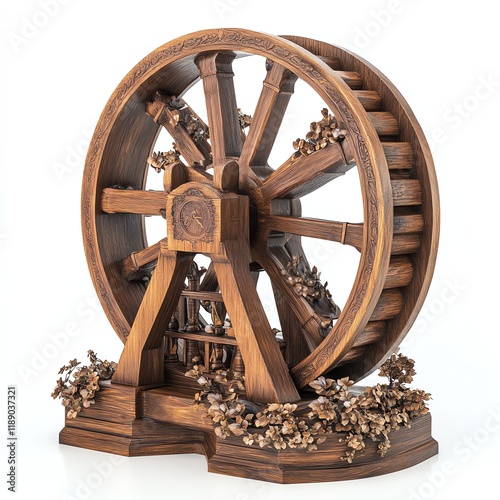Wooden water wheel model with detailed carvings and natural elements, isolated background.