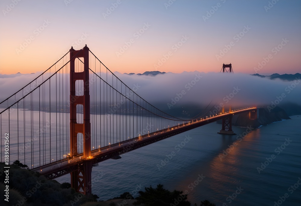 Obraz premium Golden Gate Bridge in San Francisco at dawn, with fog partially covering the towers