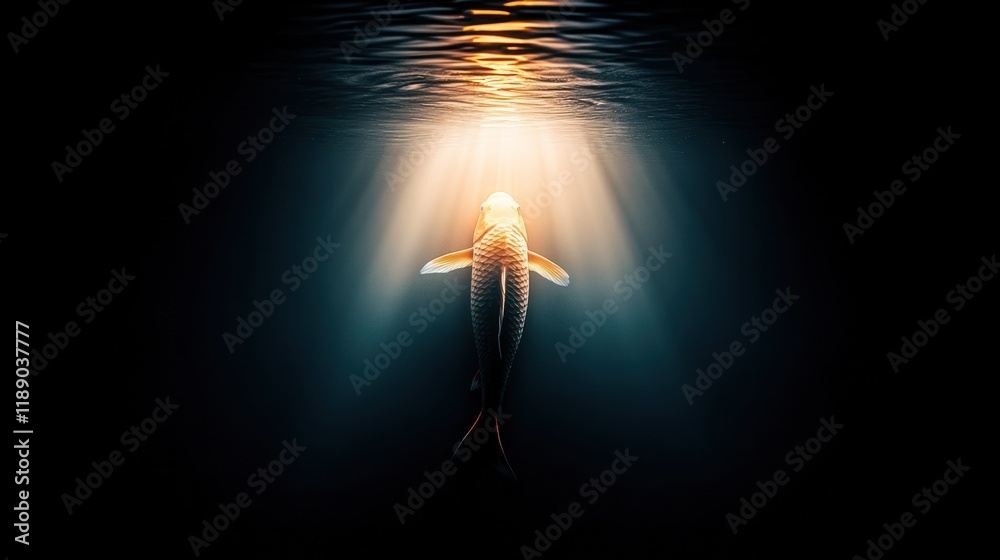Underwater koi fish illuminated by a beam of light in dark water. Underwater koi fish illuminated by a beam of light in dark water.