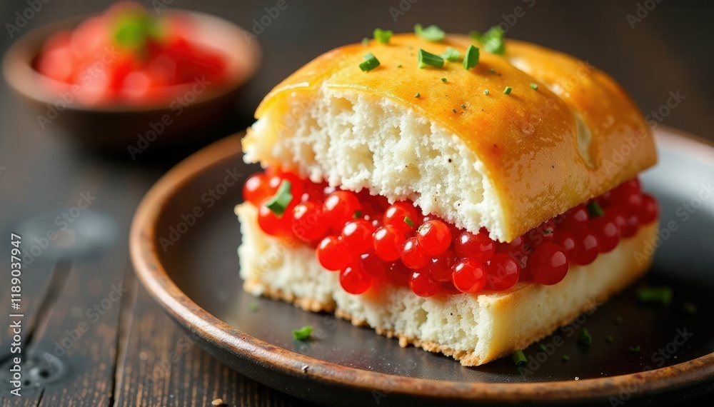 Red caviar filling nestled between soft white bread, delicious, caviar, flavorful Red caviar filling nestled between soft white bread, delicious, caviar, flavorful