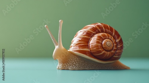 Close-up of a snail with a spiral shell on a green background.