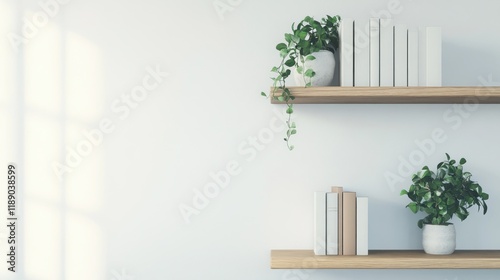 Minimalist shelves with plants and books against a white wall.