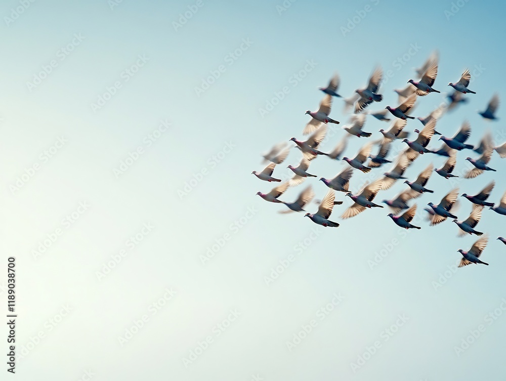 Fototapeta premium Birds fly dynamically in formation against a bright blue sky. AI Generated