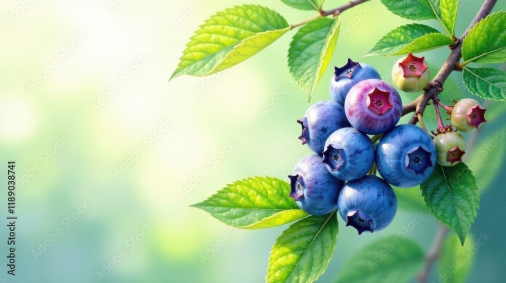 A cluster of ripe blueberries on a branch with vibrant green leaves, bathed in soft sunlight. A cluster of ripe blueberries on a branch with vibrant green leaves, bathed in soft sunlight.
