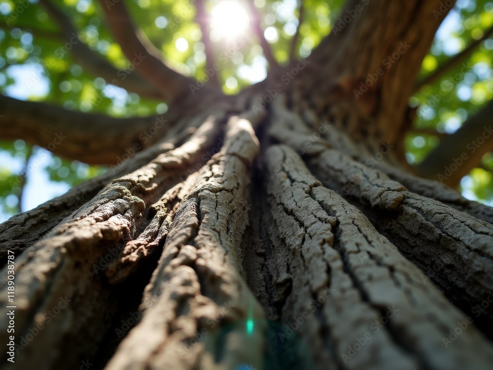 This image shows a close-up of a tree trunk with sunlight filtering through the branches. This image shows a close-up of a tree trunk with sunlight filtering through the branches.