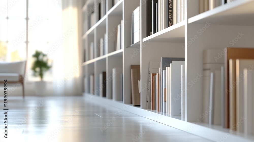 Fototapeta premium Bright modern room with white bookshelves filled with books and art.