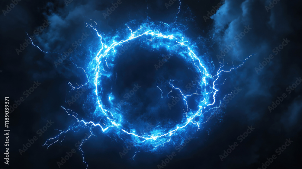 Obraz premium A powerful, glowing blue energy circle or portal with lightning-like electrical discharges against a dark, cloudy background. Represents power, energy, technology, or a supernatural phenomenon.