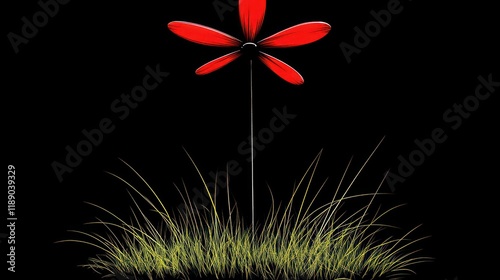 Red flower on black background with grass.