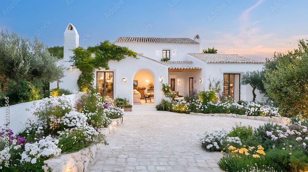 Naklejka premium Elegant Mediterranean Villa with Whitewashed Exterior and Garden