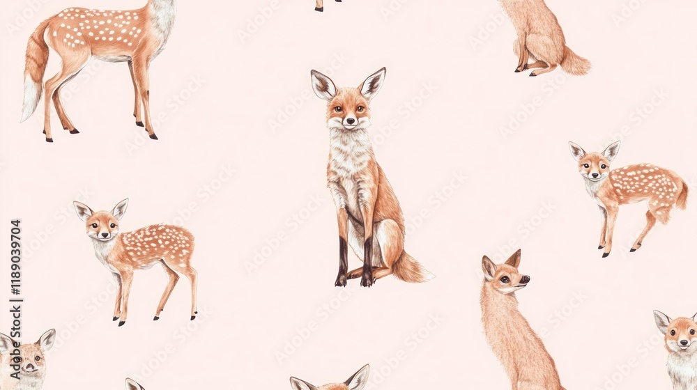 Obraz premium Watercolor seamless pattern with deer and foxes on pink background.