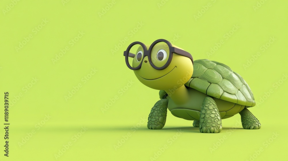 Fototapeta premium Cute cartoon turtle wearing glasses on green background.