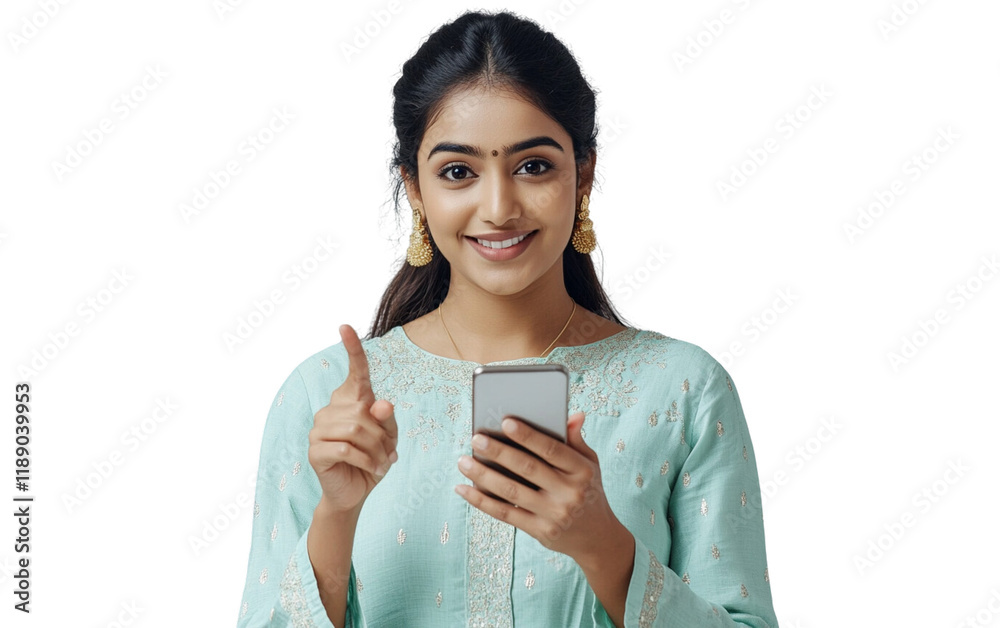 Excited Indian woman in a mint green kurta holding a smartphone horizontally, pointing at the screen with a joyful expression, set against a white background.
Excited Indian woman in a mint green kurta holding a smartphone horizontally, pointing at the screen with a joyful expression, set against a white background.