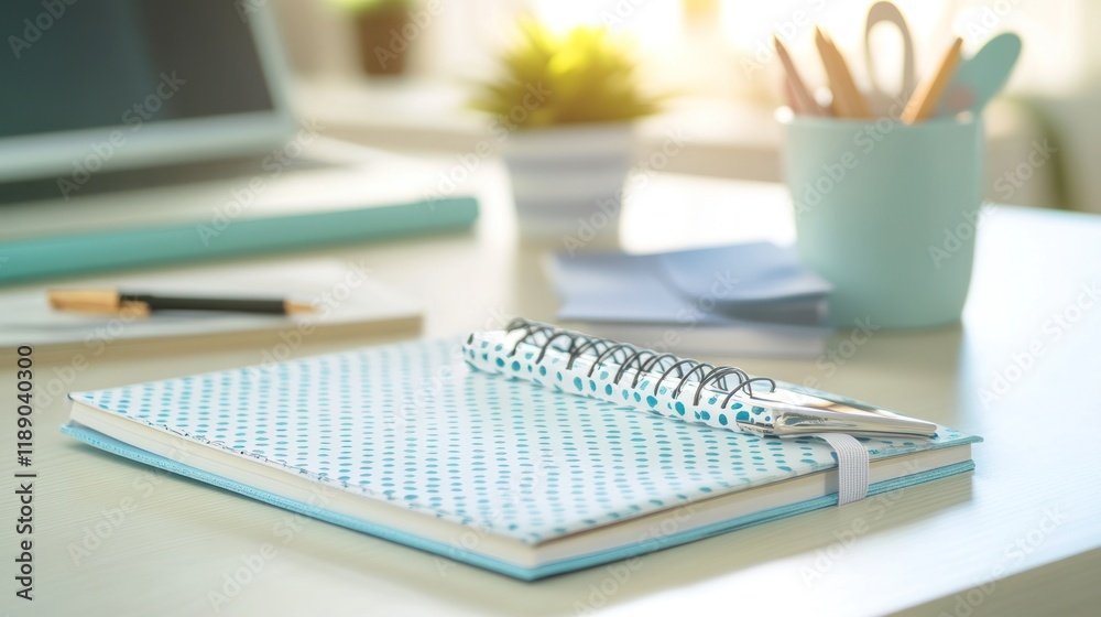 A light blue spiral notebook sits on a white desk with pens, pencils, and other office supplies.