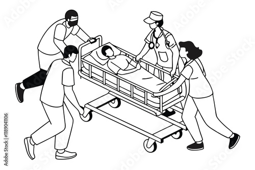 Medical team in a hospital navigating a chaotic situation during patient care ,white background A.eps