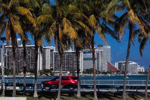 View of Miami Brickell Avenue with Biscayne Bay, Palm trees and red SUV passing by photo