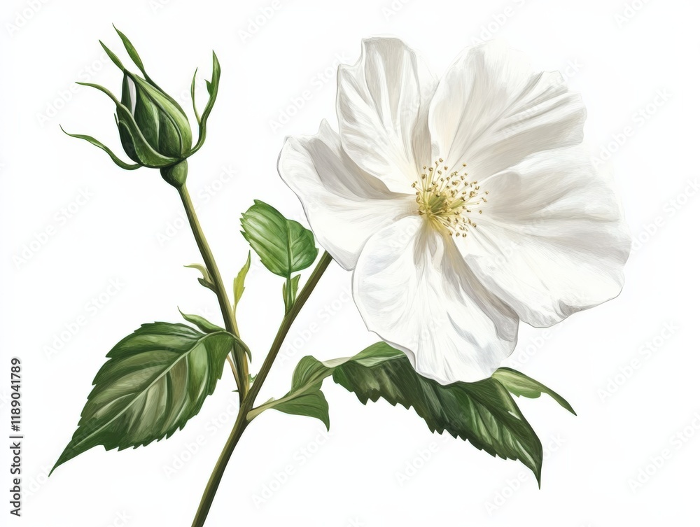 a white flower with green leaves and a bud on a stem a white flower with green leaves and a bud on a stem