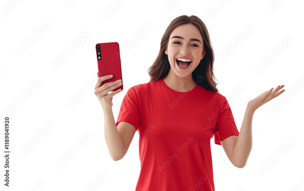 Excited woman in a red T shirt holding a smartphone horizontally, smiling brightly and radiating joy, with a clean white background.
Excited woman in a red T shirt holding a smartphone horizontally, smiling brightly and radiating joy, with a clean white background.