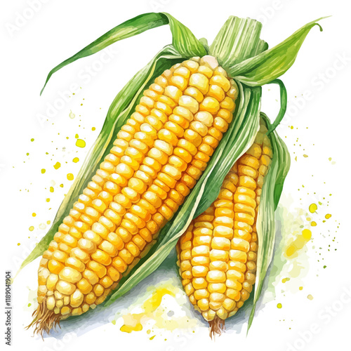 A watercolor vector painting of a Sweet Corn, isolated on a white background. Sweet Corn vector.

