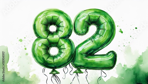 Green birthday / anniversary party balloon, number 82, watercolor painting with white background photo