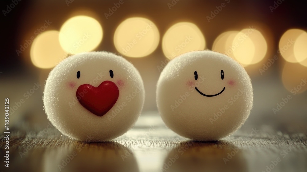 Two charming round characters express love and happiness, featuring a heart and smile, perfect for celebrating Valentine's Day with warmth and affection