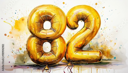 Yellow birthday / anniversary party balloon, number 82, watercolor painting with white background photo