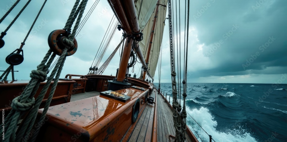 Obraz premium Ropes and pulleys on a full rigged mast during a storm, turbulence, rigging
